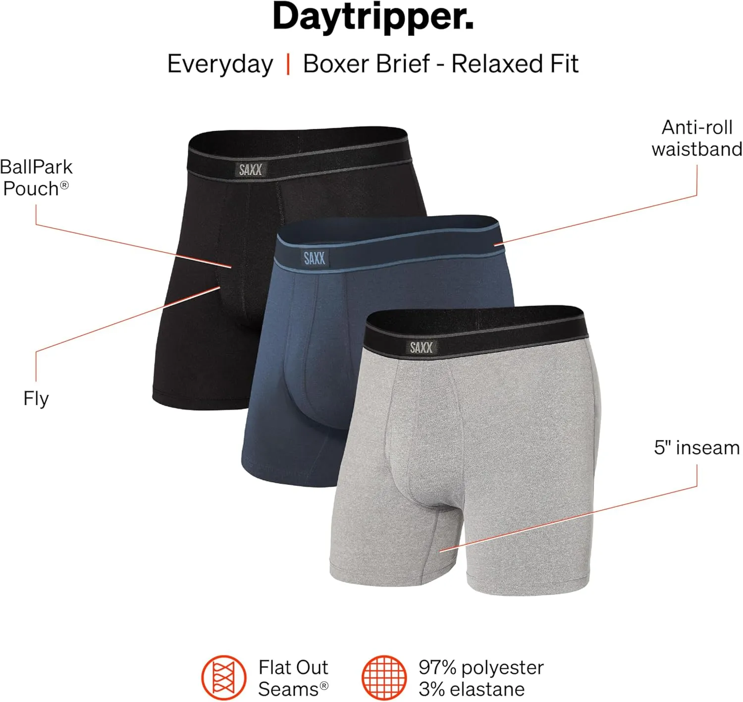 SAXX Underwear Co. - Men's Daytripper Boxer Brief Fly 3Pk With Built-In Pouch Support - Underwear For Men
