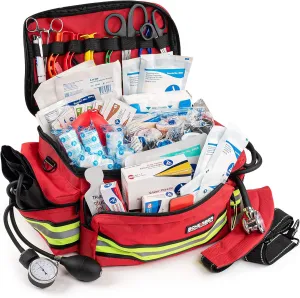 Scherber First Responder Fully-Stocked Professional Essentials EMT/EMS Trauma Kit | HSA/FSA Approved | Reflective Bag w/8 Zippered Pockets & Compartments & 200  First Aid Supplies - Red