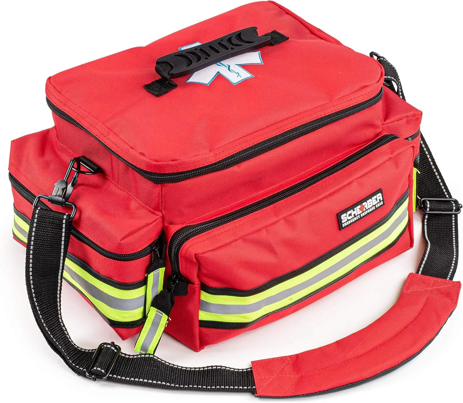 Scherber First Responder Fully-Stocked Professional Essentials EMT/EMS Trauma Kit | HSA/FSA Approved | Reflective Bag w/8 Zippered Pockets & Compartments & 200  First Aid Supplies - Red