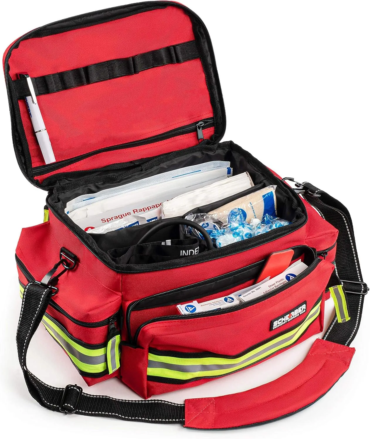 Scherber First Responder Fully-Stocked Professional Essentials EMT/EMS Trauma Kit | HSA/FSA Approved | Reflective Bag w/8 Zippered Pockets & Compartments & 200  First Aid Supplies - Red