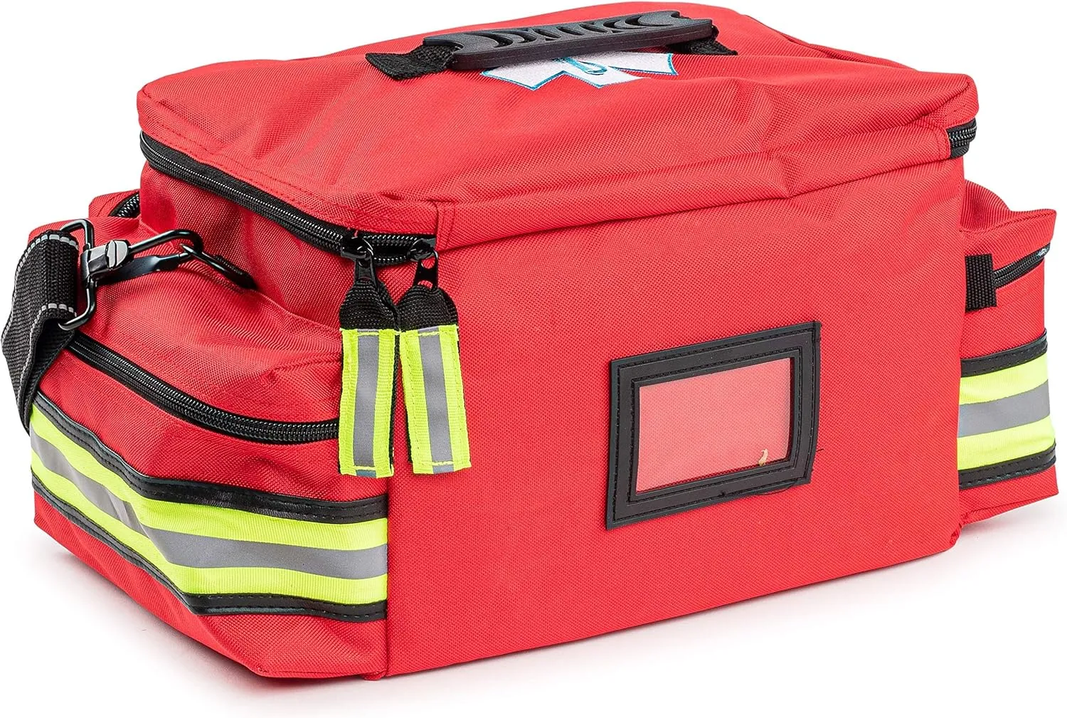 Scherber First Responder Fully-Stocked Professional Essentials EMT/EMS Trauma Kit | HSA/FSA Approved | Reflective Bag w/8 Zippered Pockets & Compartments & 200  First Aid Supplies - Red