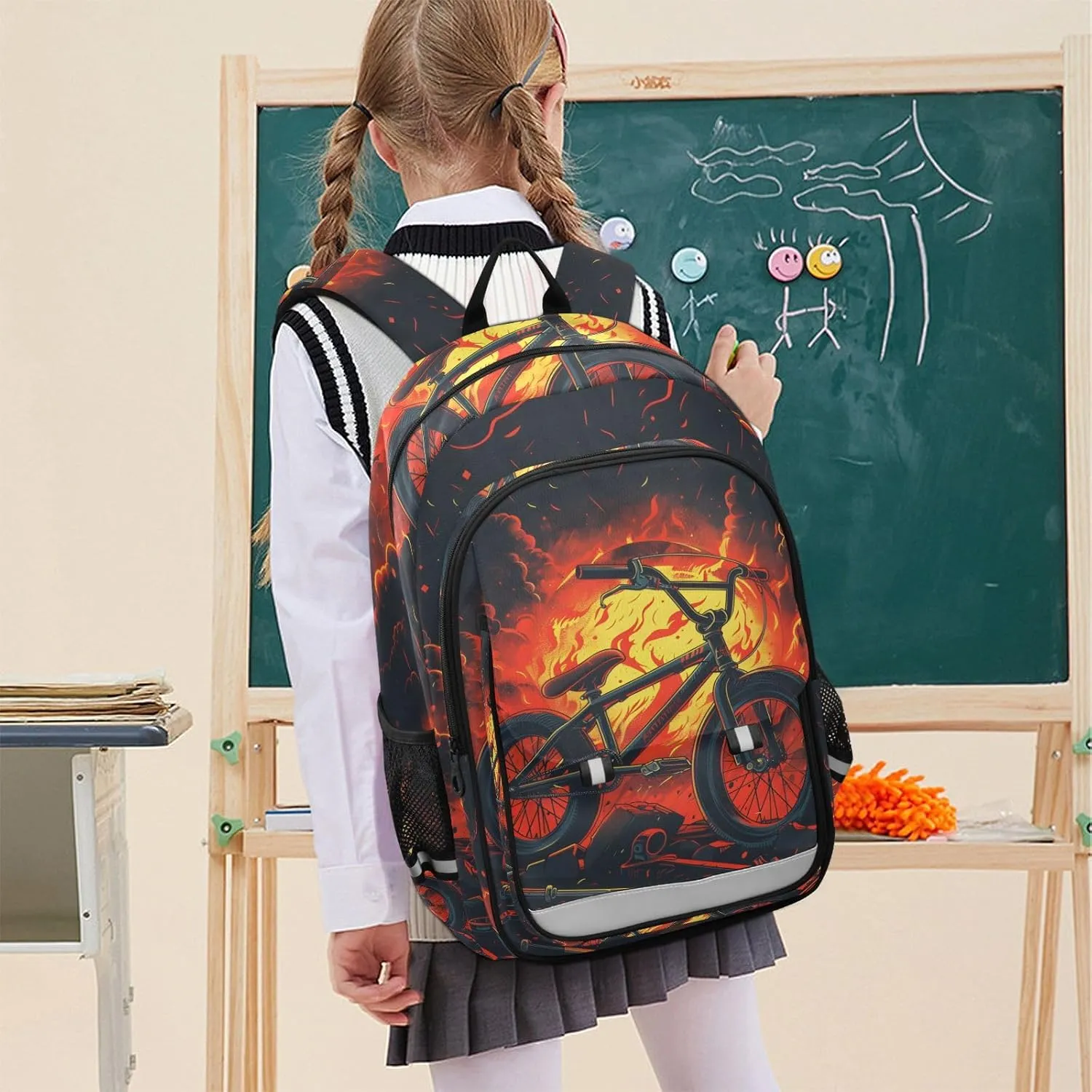 senya School Backpack Kids College Rucksack Travel Bookbag Fashion Back Pack Girls Boys Bike Red Black Color Flames