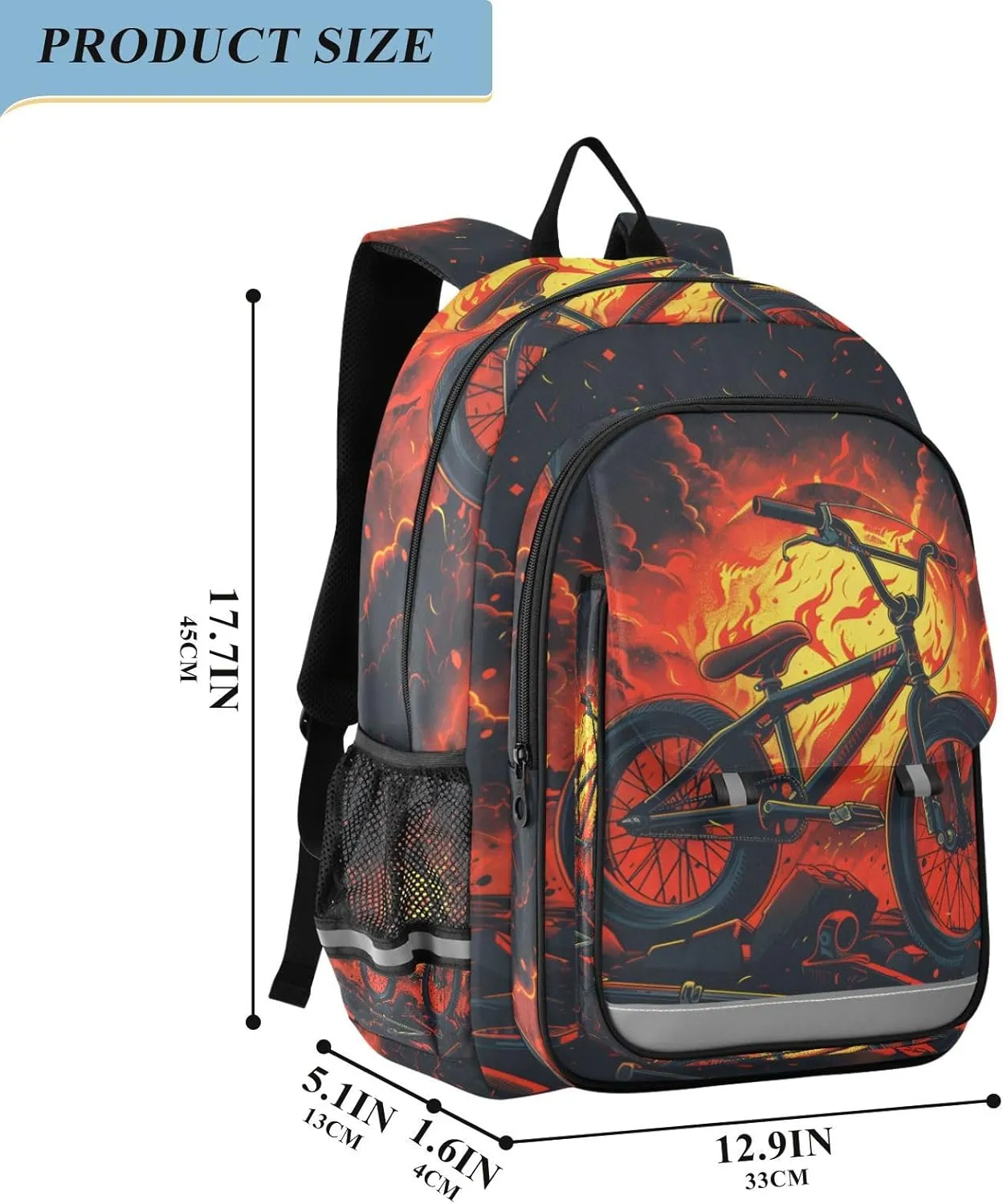 senya School Backpack Kids College Rucksack Travel Bookbag Fashion Back Pack Girls Boys Bike Red Black Color Flames