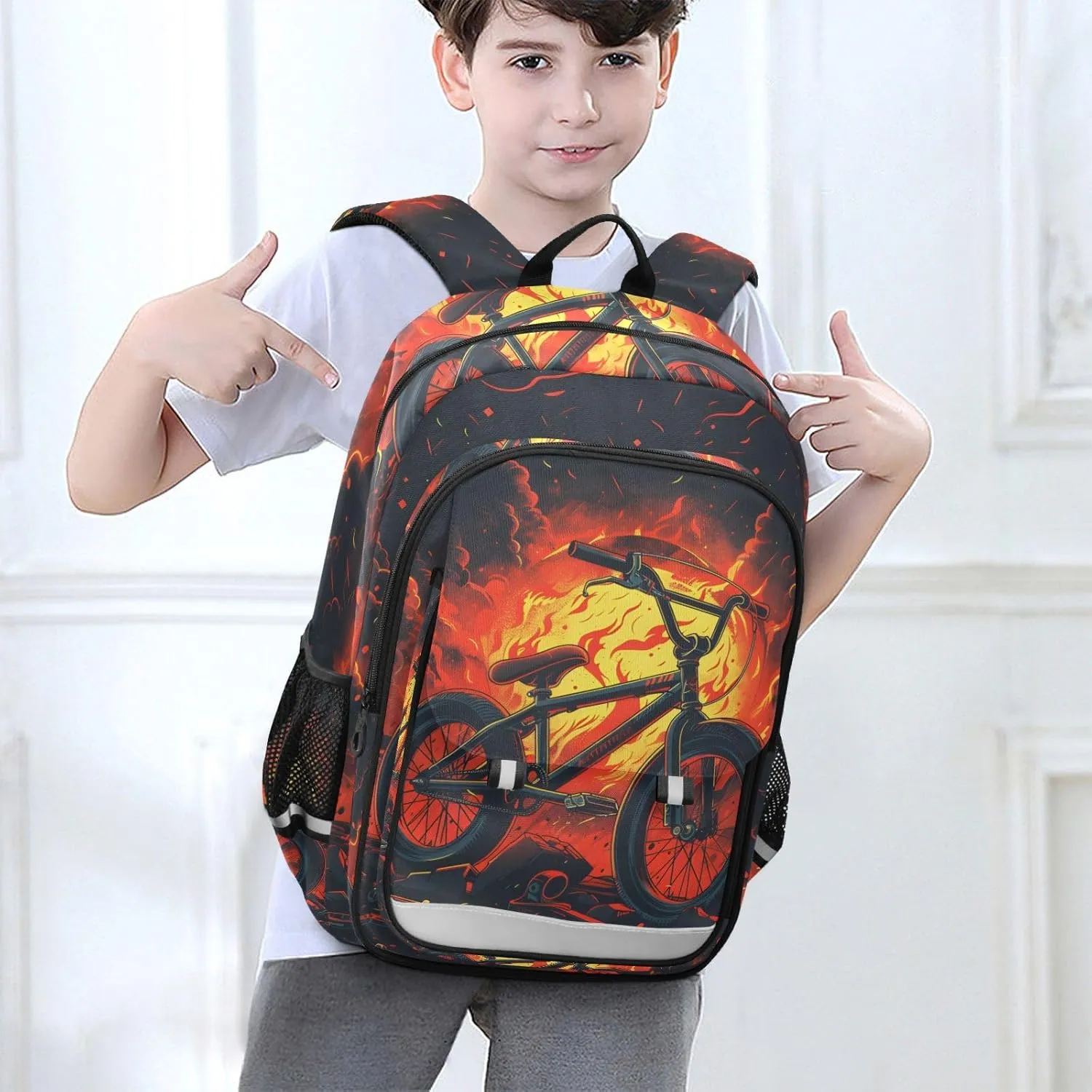 senya School Backpack Kids College Rucksack Travel Bookbag Fashion Back Pack Girls Boys Bike Red Black Color Flames