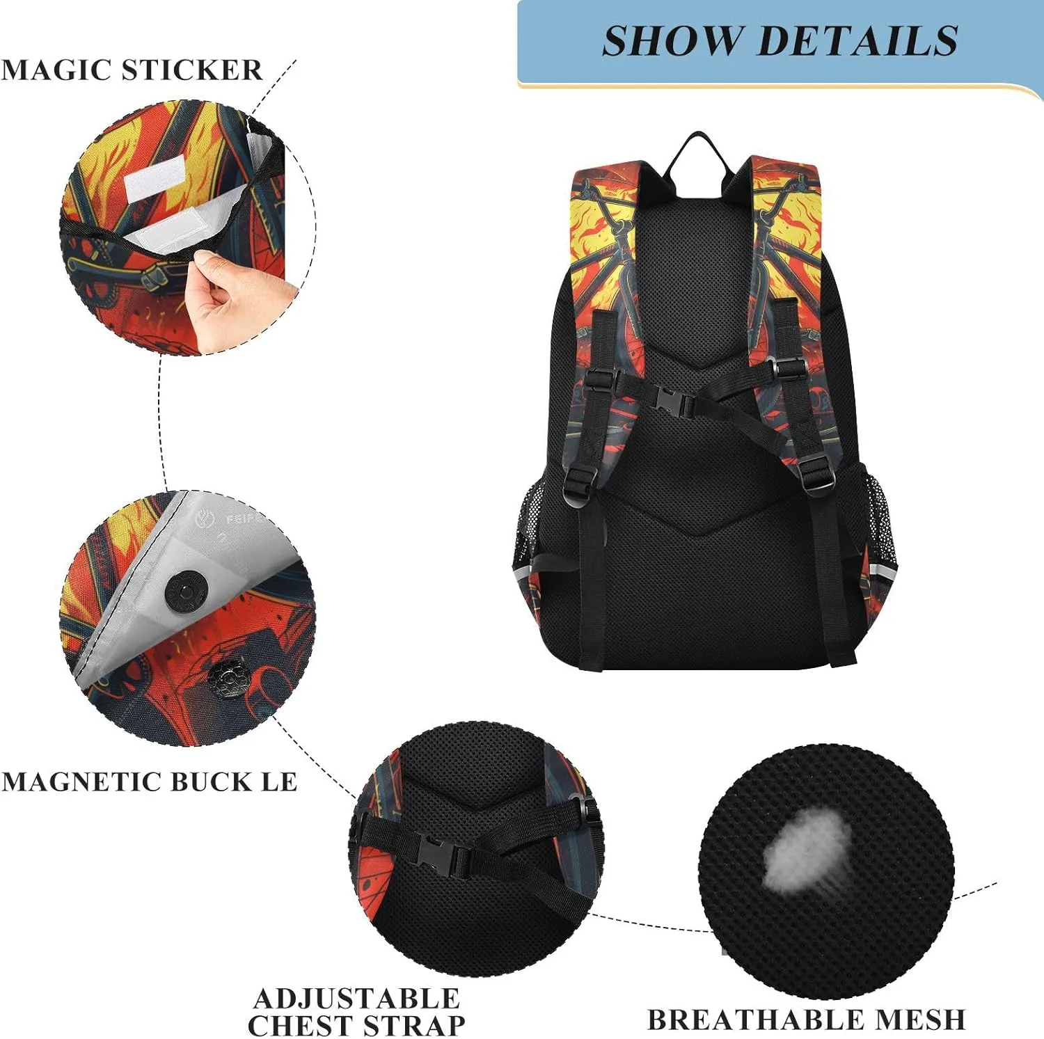 senya School Backpack Kids College Rucksack Travel Bookbag Fashion Back Pack Girls Boys Bike Red Black Color Flames