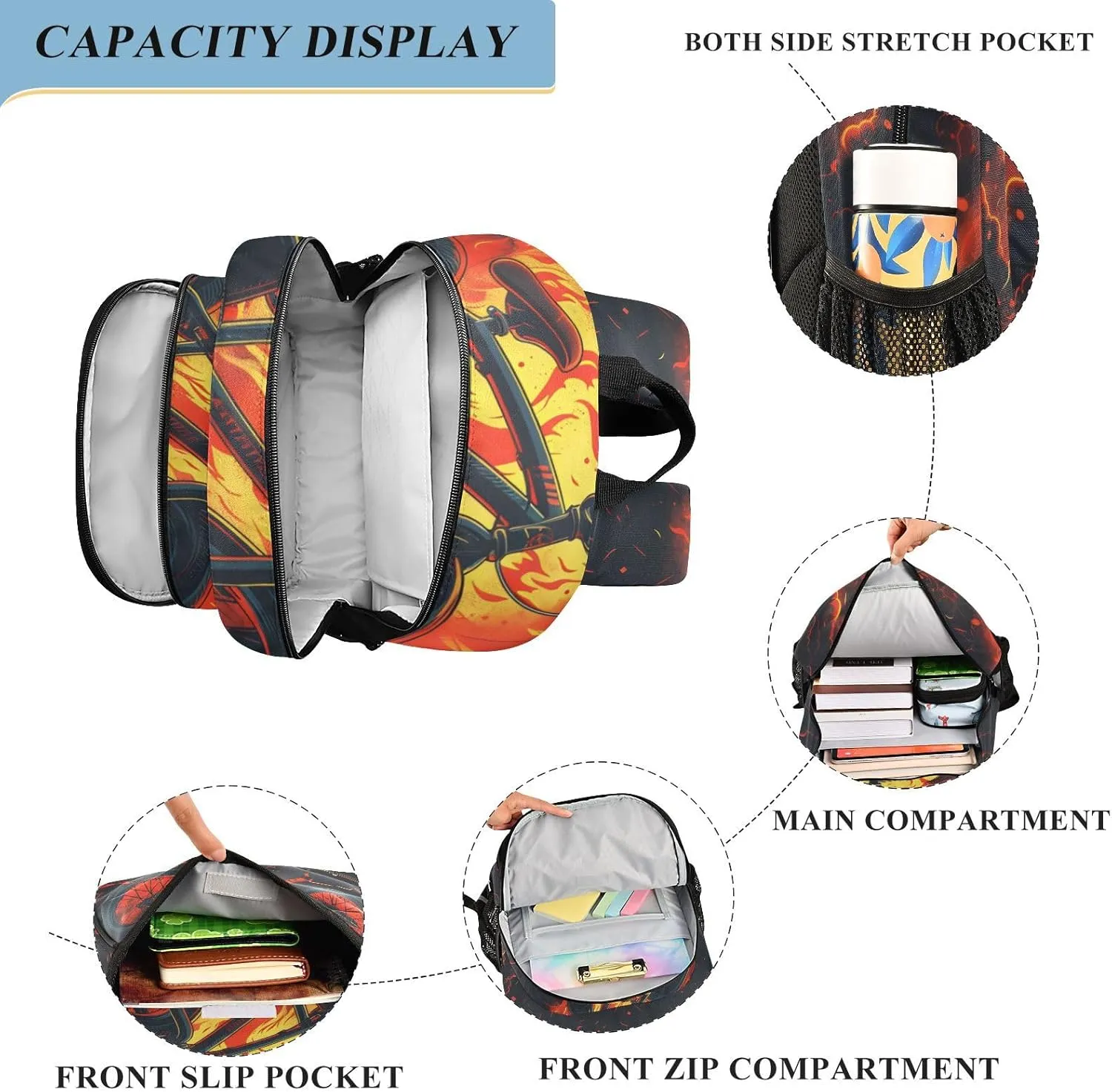 senya School Backpack Kids College Rucksack Travel Bookbag Fashion Back Pack Girls Boys Bike Red Black Color Flames