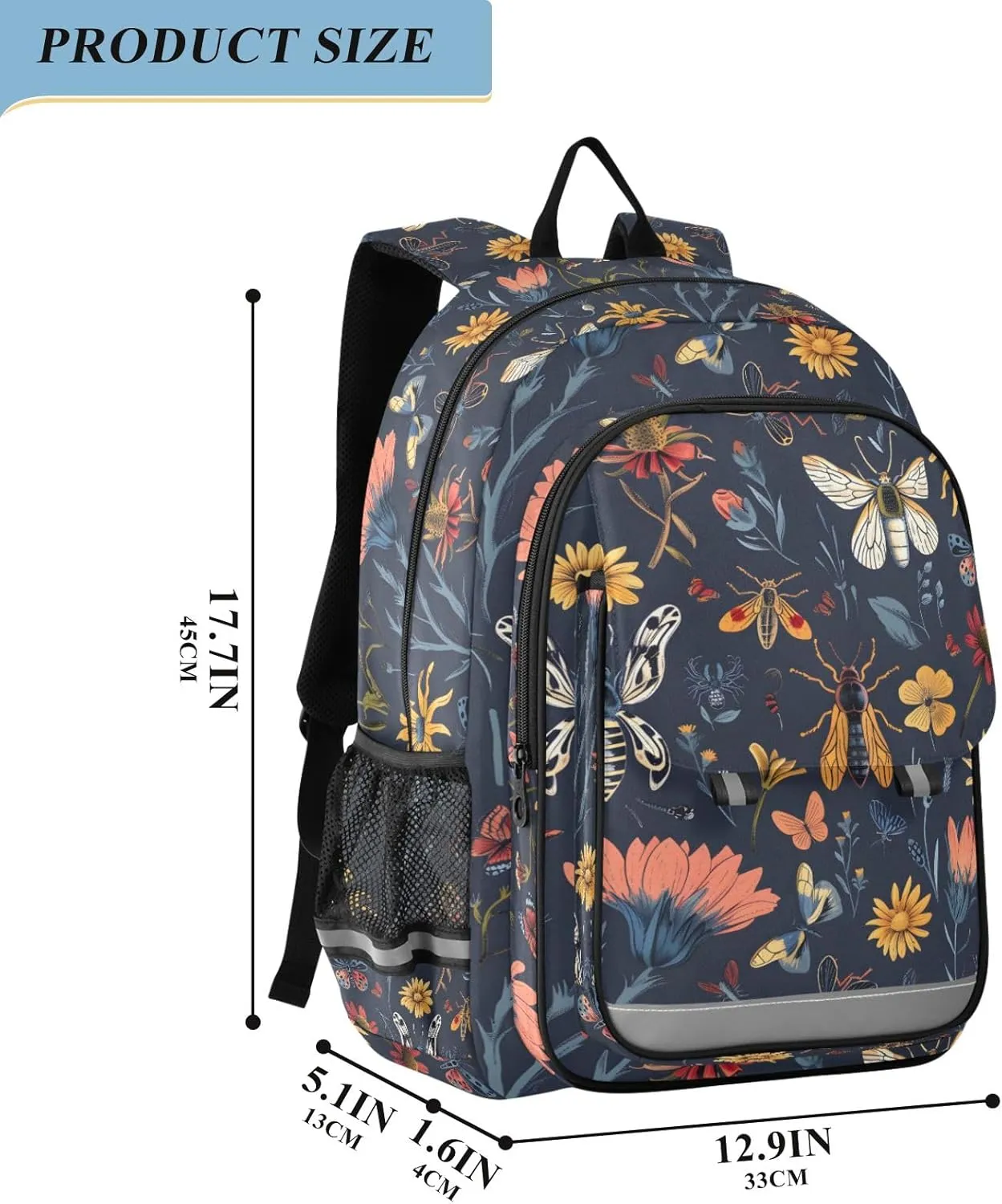 senya School Backpack Kids College Rucksack Travel Bookbag Fashion Back Pack Girls Boys Seamless Pattern with Insects Flowers, g372531510p878c936s2078