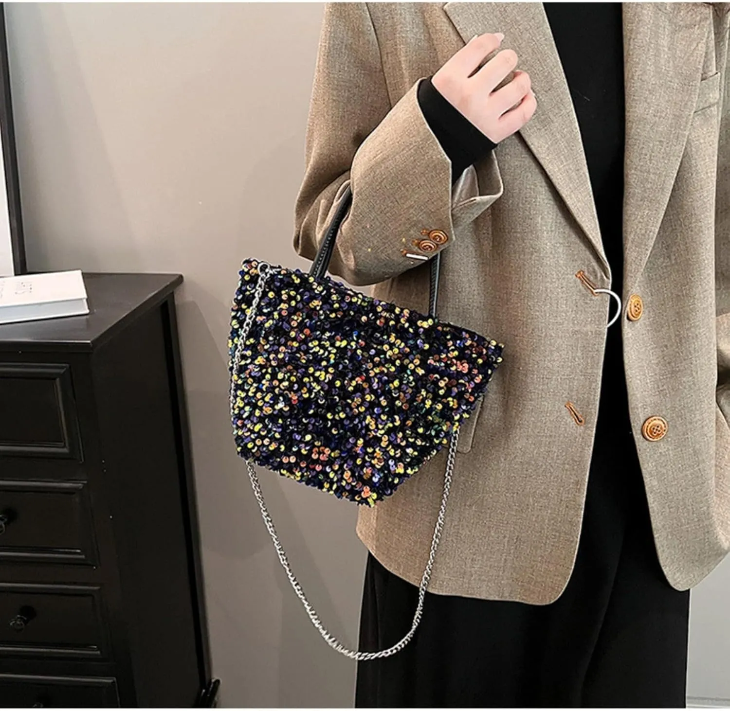 Sequin Tote Bag for Women Trendy Bling Top Handle Handbag Chain Crossbody Hobo Evening Purse Clutch Bags Wallets