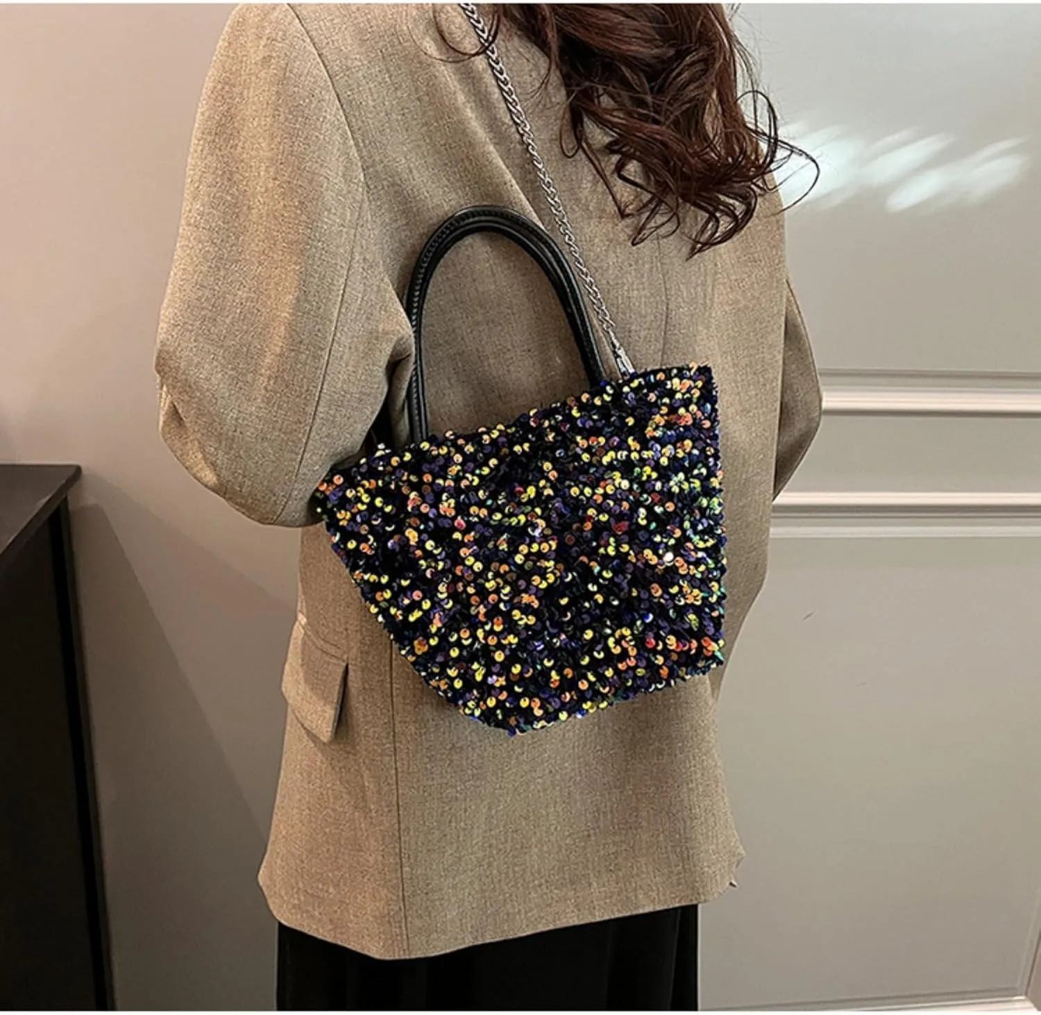 Sequin Tote Bag for Women Trendy Bling Top Handle Handbag Chain Crossbody Hobo Evening Purse Clutch Bags Wallets