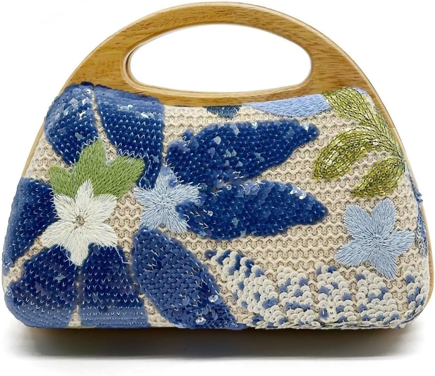 Sequins Flowers Evening Bag Purse Clutch for Women, Bohemian Handmade Woven Bag Purse Wooden Handle Chain Bag