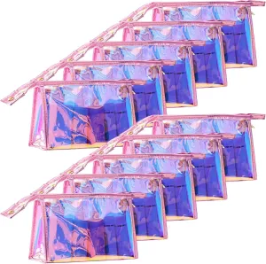 Set Of 10 Holographic Makeup Bags, Clear Pvc Cosmetic Organizers, Iridescent Rainbow Travel Toiletry Cases With Zipper