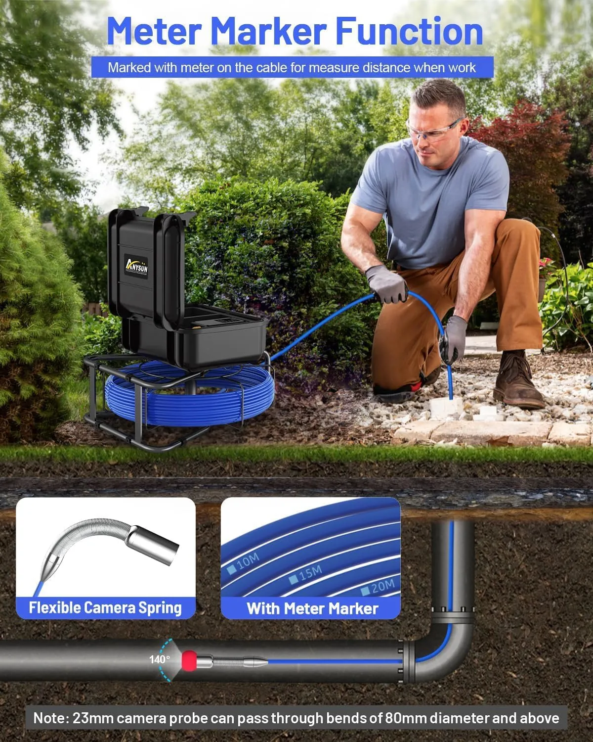 Sewer Camera Self Leveling, Anysun Sewer Inspection Camera 150ft with 9'' Monitor and DVR Recorder with 32GB Card, Meter Marker, 12 Adjustable Lights