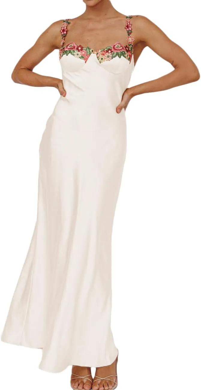 Sexy Satin Spaghetti Strap Floral Embroidered Maxi Dress for Women Sweetheart Neckline Backless Sleeveless Slit Midi Dress