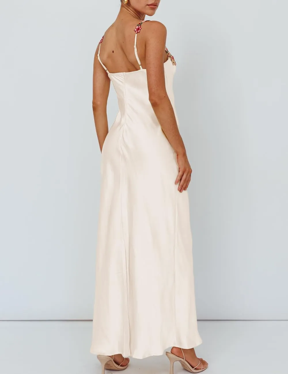 Sexy Satin Spaghetti Strap Floral Embroidered Maxi Dress for Women Sweetheart Neckline Backless Sleeveless Slit Midi Dress