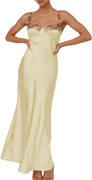 Sexy Satin Spaghetti Strap Floral Embroidered Maxi Dress for Women Sweetheart Neckline Backless Sleeveless Slit Midi Dress