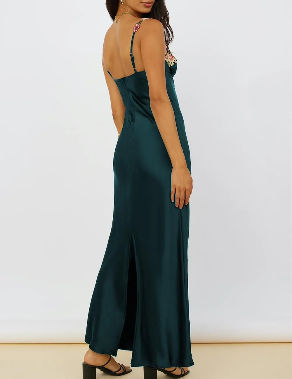 Sexy Satin Spaghetti Strap Floral Embroidered Maxi Dress for Women Sweetheart Neckline Backless Sleeveless Slit Midi Dress