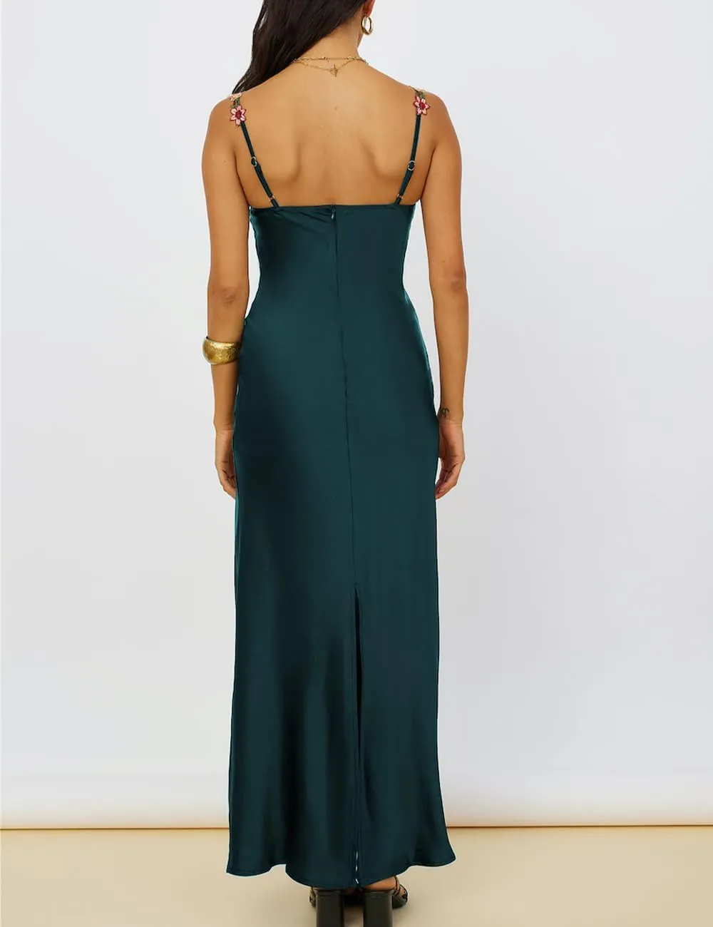 Sexy Satin Spaghetti Strap Floral Embroidered Maxi Dress for Women Sweetheart Neckline Backless Sleeveless Slit Midi Dress
