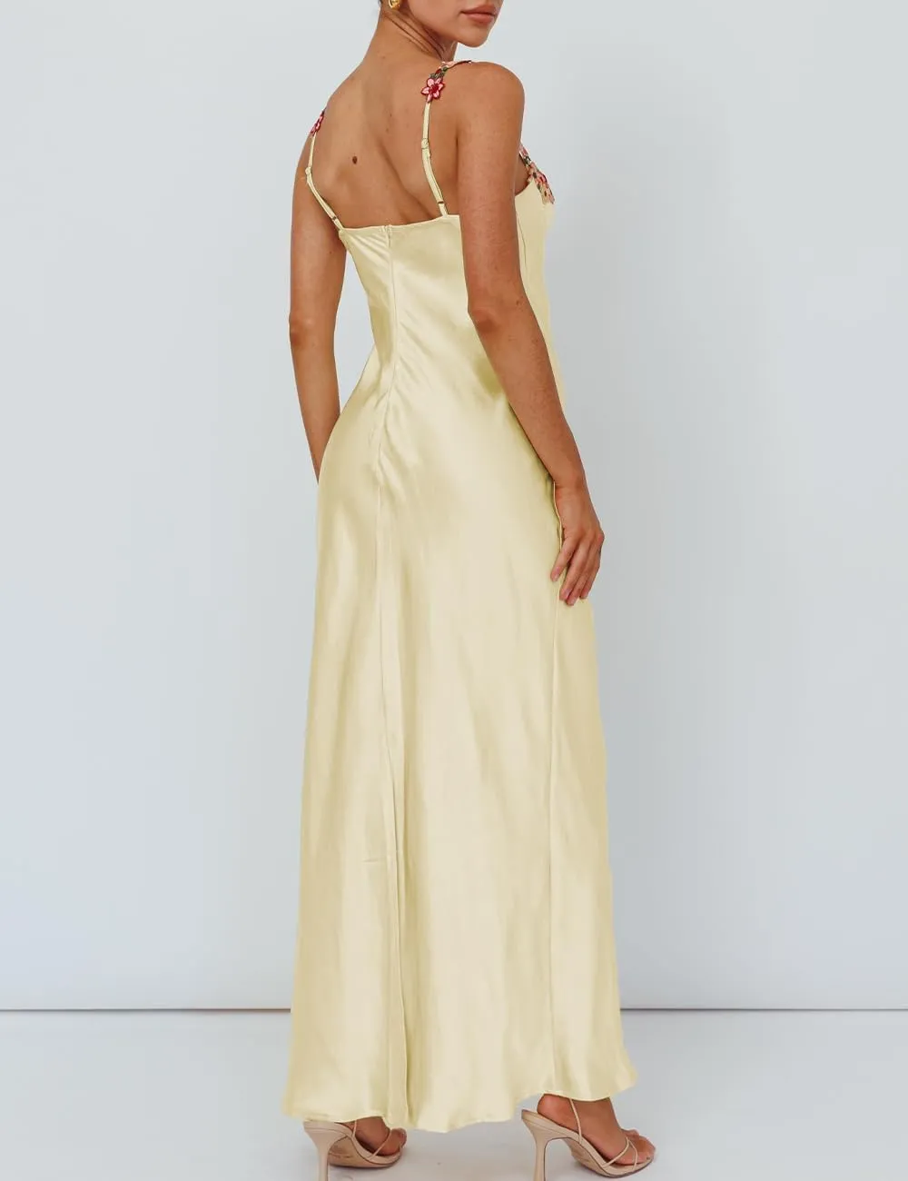 Sexy Satin Spaghetti Strap Floral Embroidered Maxi Dress for Women Sweetheart Neckline Backless Sleeveless Slit Midi Dress