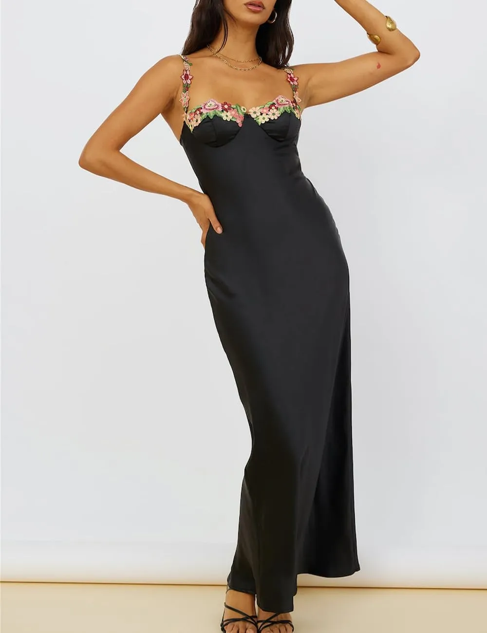 Sexy Satin Spaghetti Strap Floral Embroidered Maxi Dress for Women Sweetheart Neckline Backless Sleeveless Slit Midi Dress