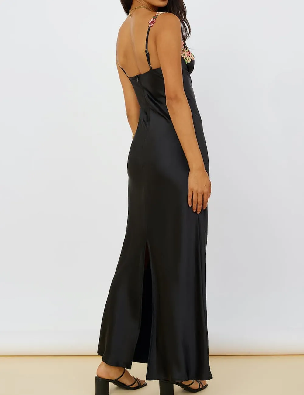 Sexy Satin Spaghetti Strap Floral Embroidered Maxi Dress for Women Sweetheart Neckline Backless Sleeveless Slit Midi Dress