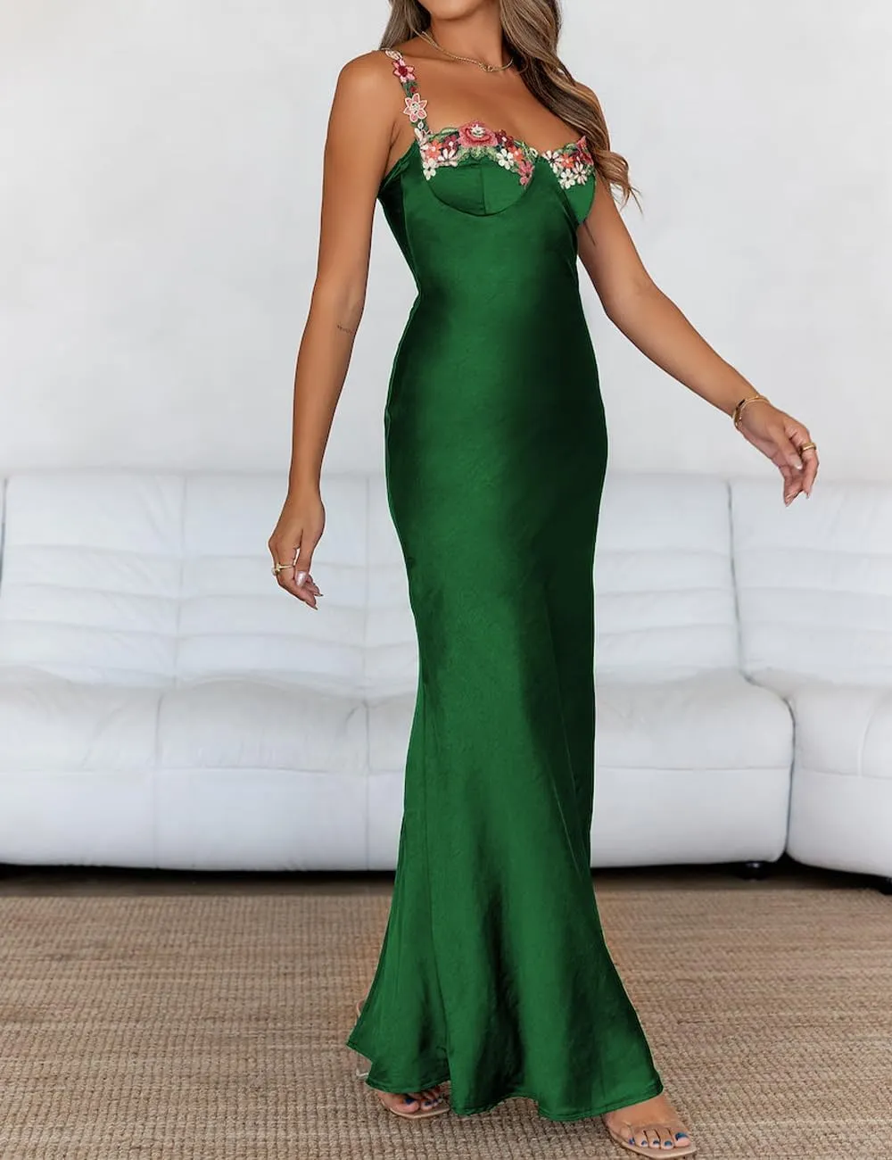 Sexy Satin Spaghetti Strap Floral Embroidered Maxi Dress for Women Sweetheart Neckline Backless Sleeveless Slit Midi Dress