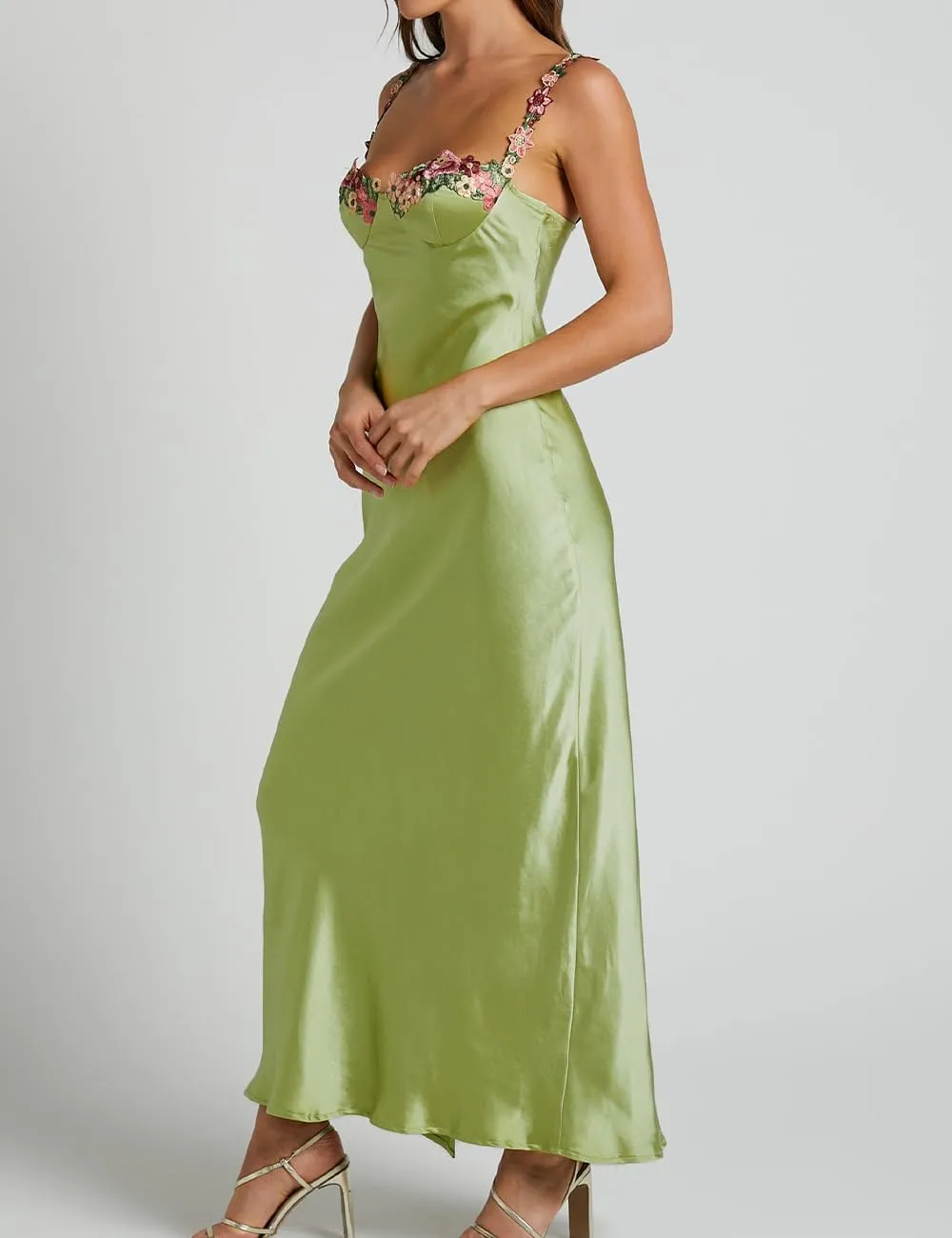 Sexy Satin Spaghetti Strap Floral Embroidered Maxi Dress for Women Sweetheart Neckline Backless Sleeveless Slit Midi Dress