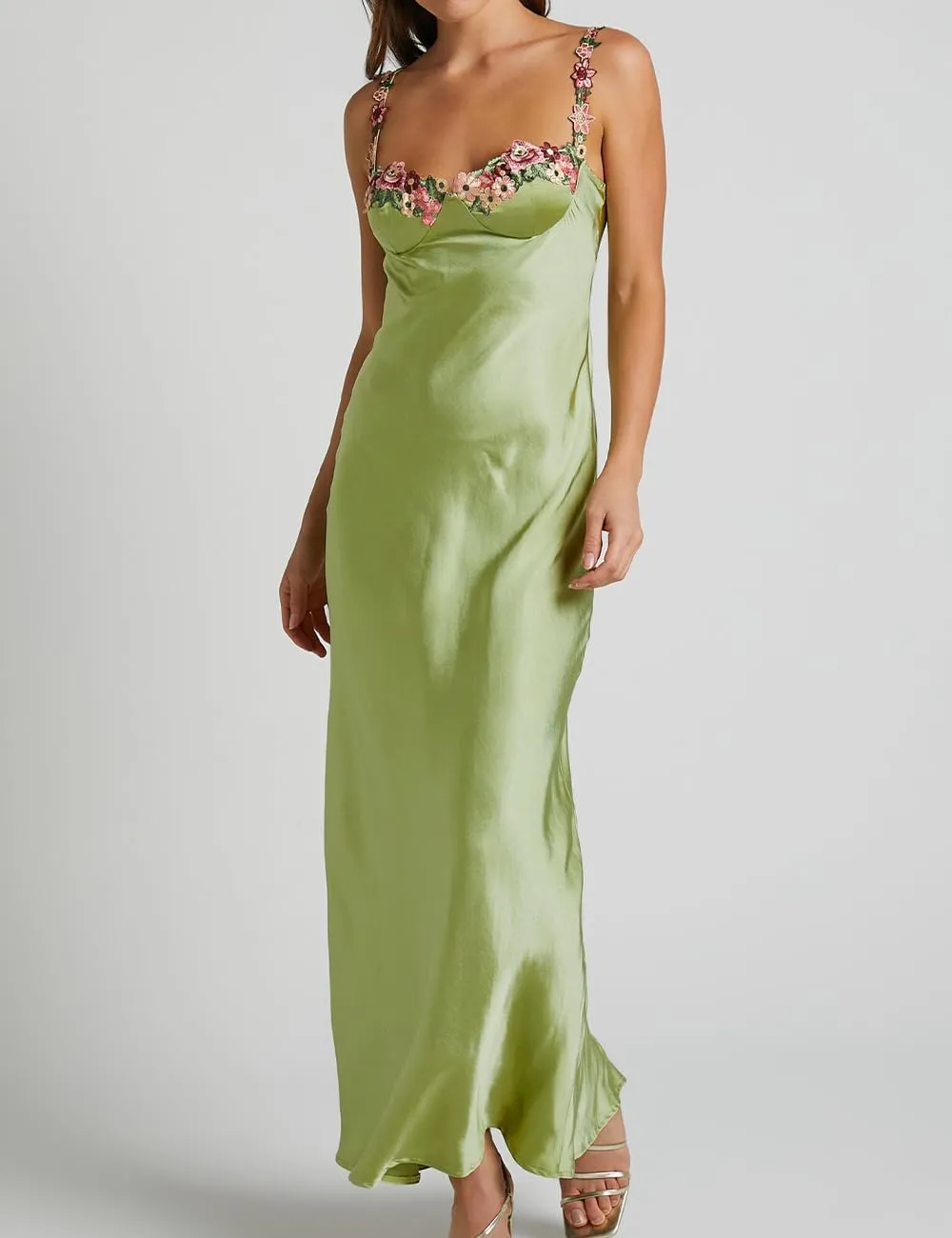 Sexy Satin Spaghetti Strap Floral Embroidered Maxi Dress for Women Sweetheart Neckline Backless Sleeveless Slit Midi Dress