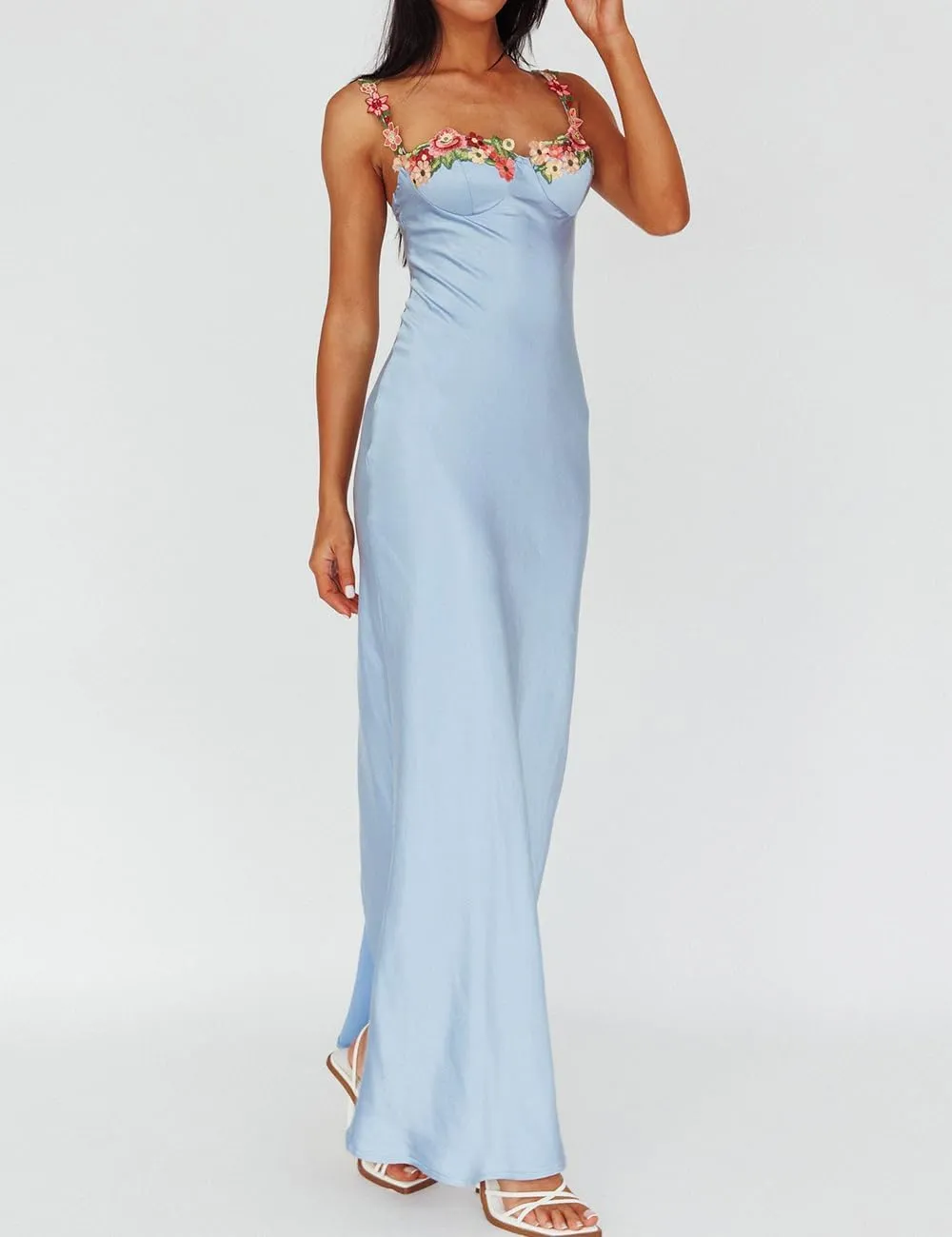 Sexy Satin Spaghetti Strap Floral Embroidered Maxi Dress for Women Sweetheart Neckline Backless Sleeveless Slit Midi Dress