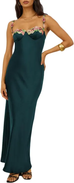 Sexy Satin Spaghetti Strap Floral Embroidered Maxi Dress for Women Sweetheart Neckline Backless Sleeveless Slit Midi Dress