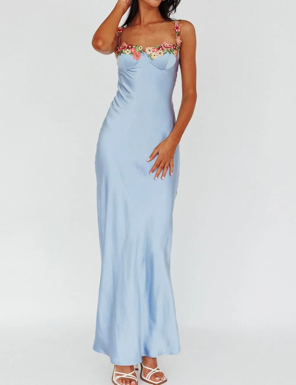 Sexy Satin Spaghetti Strap Floral Embroidered Maxi Dress for Women Sweetheart Neckline Backless Sleeveless Slit Midi Dress