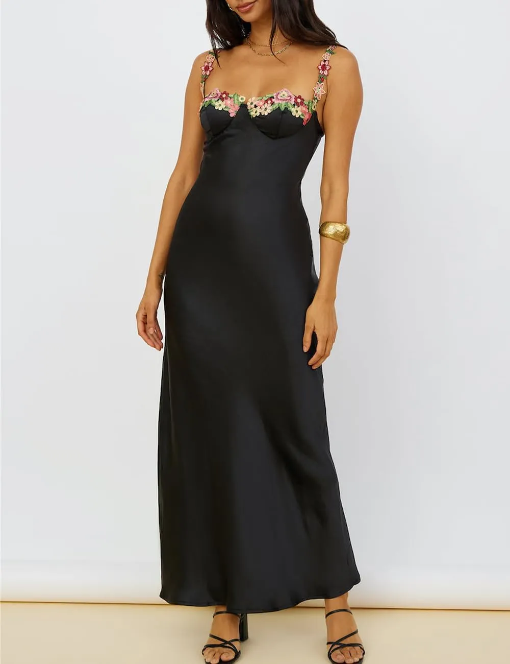 Sexy Satin Spaghetti Strap Floral Embroidered Maxi Dress for Women Sweetheart Neckline Backless Sleeveless Slit Midi Dress