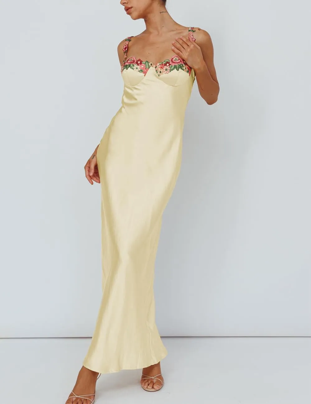 Sexy Satin Spaghetti Strap Floral Embroidered Maxi Dress for Women Sweetheart Neckline Backless Sleeveless Slit Midi Dress