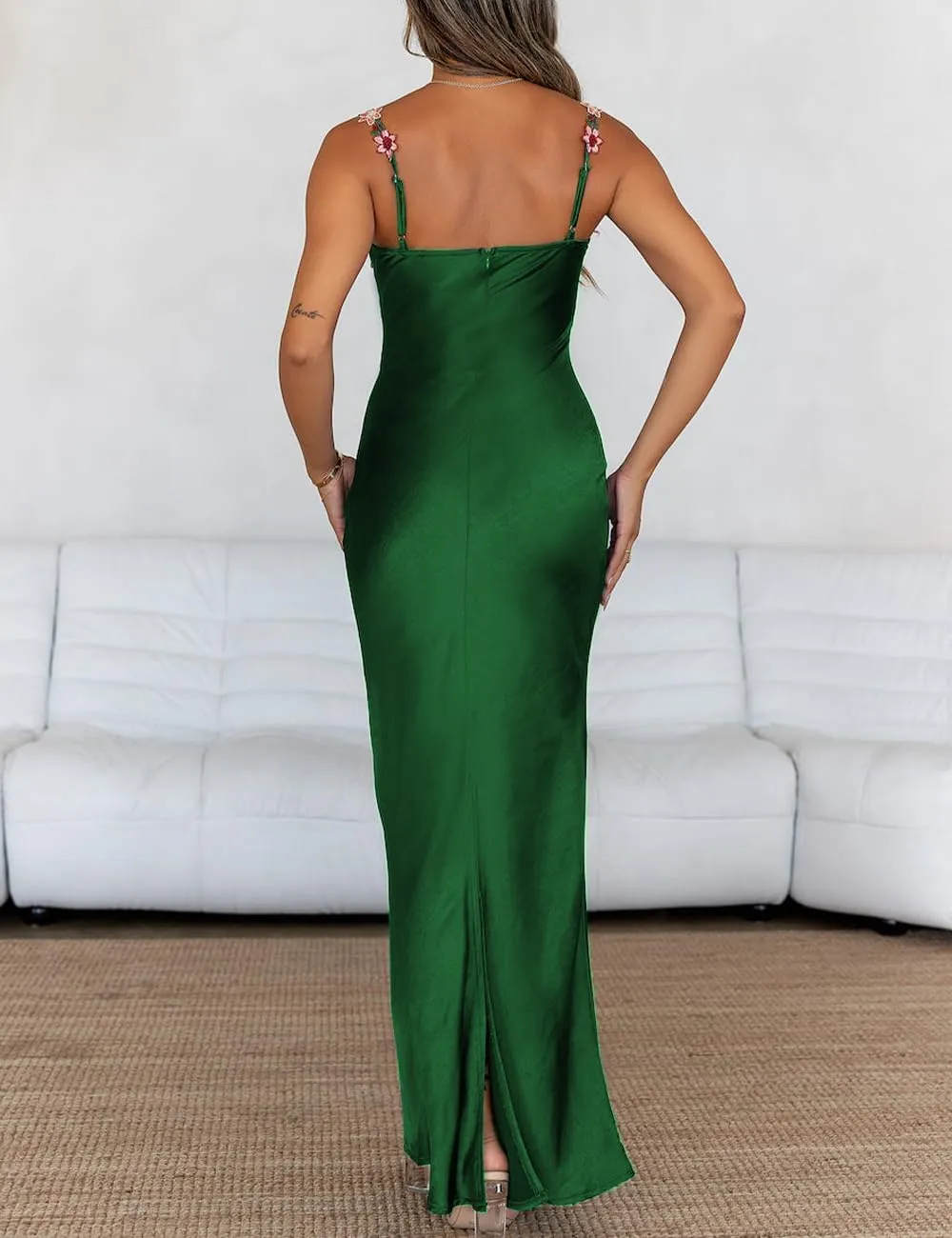 Sexy Satin Spaghetti Strap Floral Embroidered Maxi Dress for Women Sweetheart Neckline Backless Sleeveless Slit Midi Dress