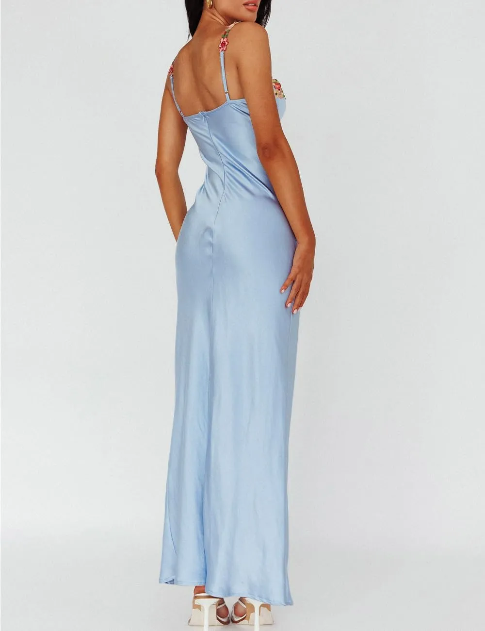 Sexy Satin Spaghetti Strap Floral Embroidered Maxi Dress for Women Sweetheart Neckline Backless Sleeveless Slit Midi Dress