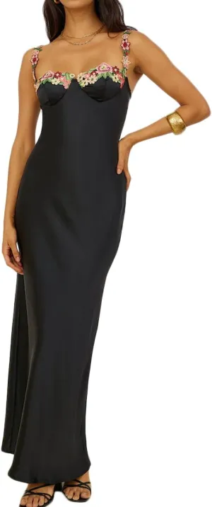 Sexy Satin Spaghetti Strap Floral Embroidered Maxi Dress for Women Sweetheart Neckline Backless Sleeveless Slit Midi Dress