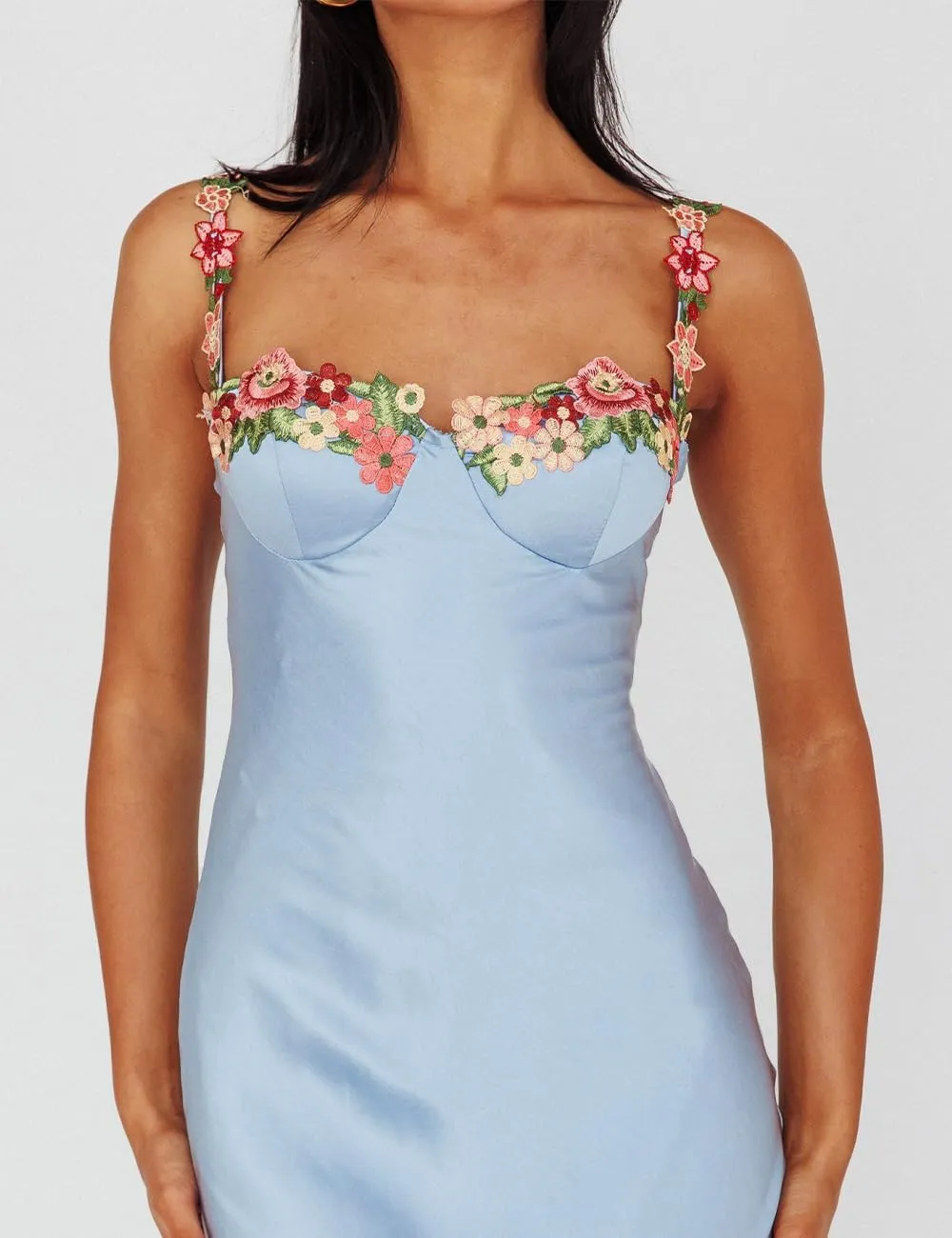 Sexy Satin Spaghetti Strap Floral Embroidered Maxi Dress for Women Sweetheart Neckline Backless Sleeveless Slit Midi Dress