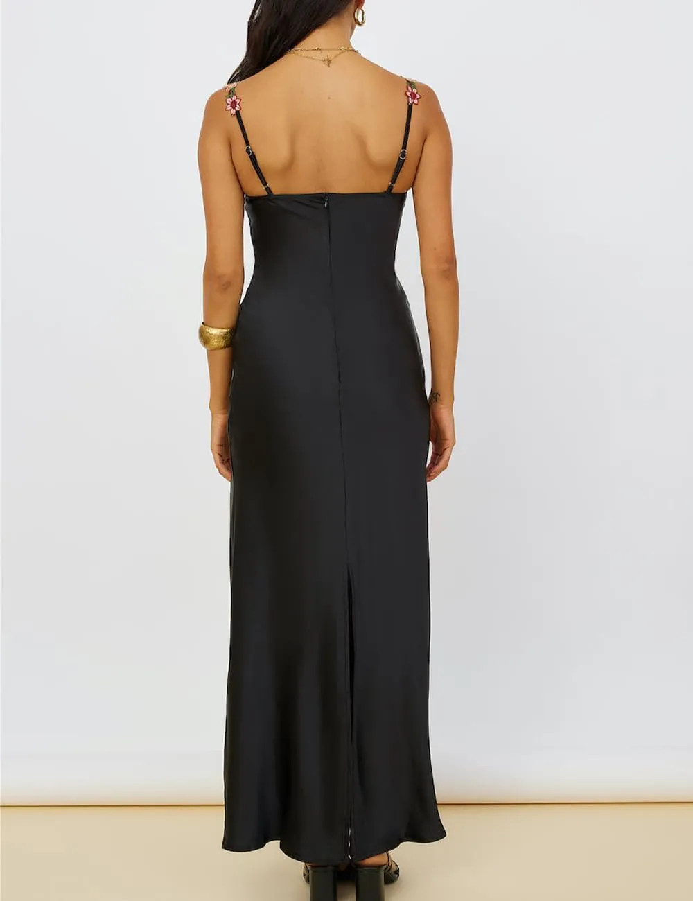 Sexy Satin Spaghetti Strap Floral Embroidered Maxi Dress for Women Sweetheart Neckline Backless Sleeveless Slit Midi Dress