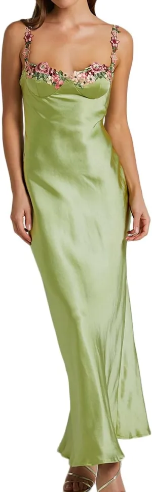 Sexy Satin Spaghetti Strap Floral Embroidered Maxi Dress for Women Sweetheart Neckline Backless Sleeveless Slit Midi Dress