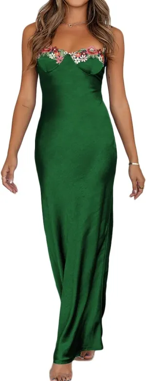 Sexy Satin Spaghetti Strap Floral Embroidered Maxi Dress for Women Sweetheart Neckline Backless Sleeveless Slit Midi Dress