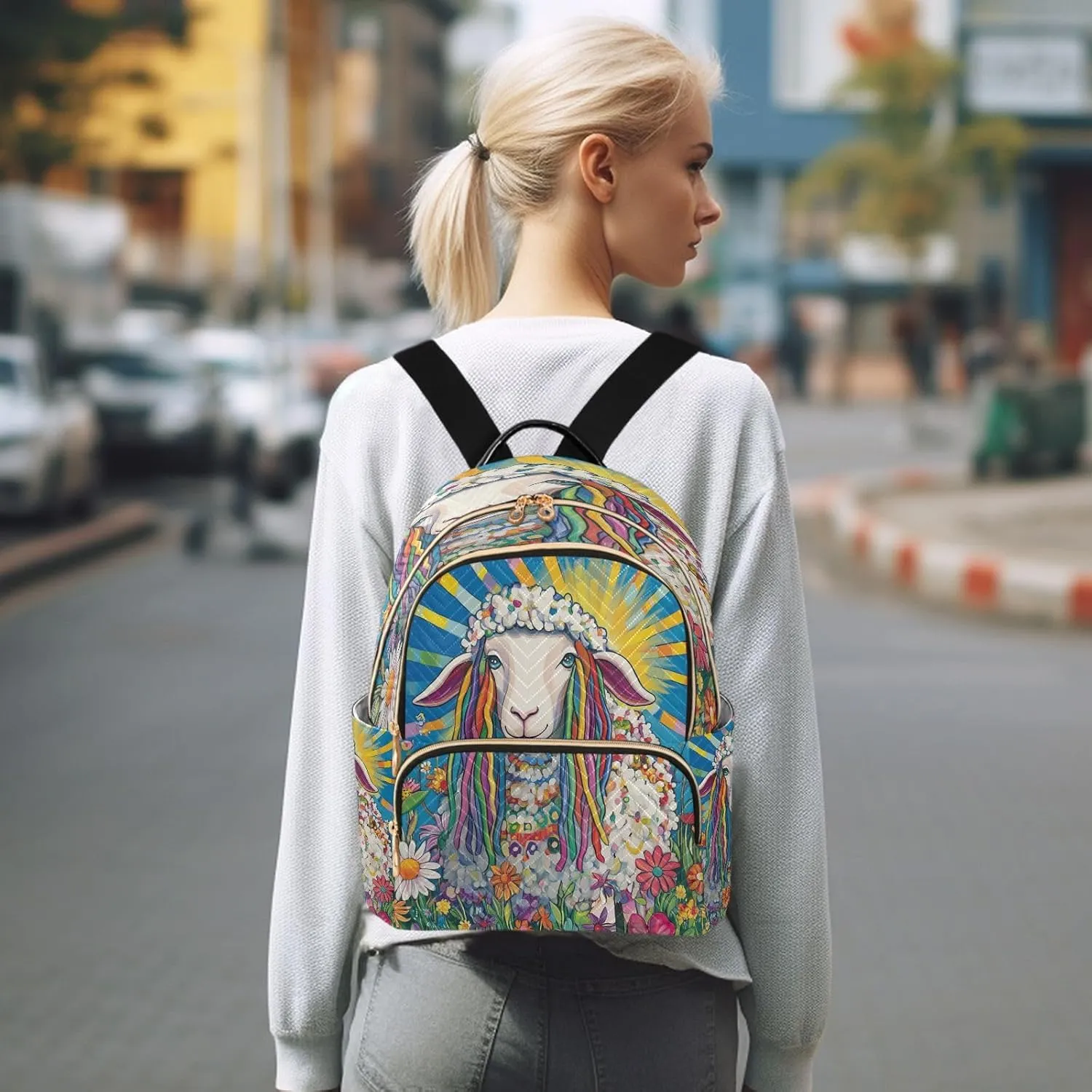 Sheep Flowers Blue Backpack Purse for Women Ladies Shoulder Bags with Anti-theft Back for Travel Camping S