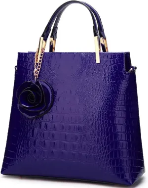 Shiny Patent Leather Women Handbag Crocodile Pattern Shoulder Bag Flower Pendant Top Handle Tote Satchel Purse