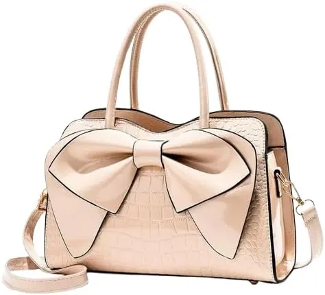 Shiny Women Handbag Patent Leather Bowknot Purse Charm Glossy Top-Handle Satchel Tote Fashion Shoulder Bag for women (Beige)
