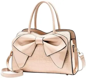 Shiny Women Handbag Patent Leather Bowknot Purse Charm Glossy Top-Handle Satchel Tote Fashion Shoulder Bag for women (Beige)