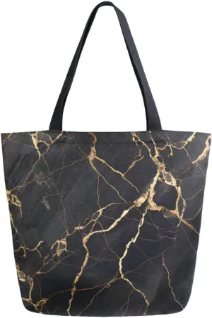 Shoulder Bag for Women Canvas Tote Bag Gold Crack Black Marble Handbags for Mom Sister Teacher Friend