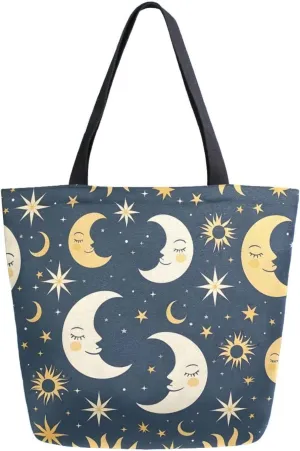 Shoulder Bag for Women Canvas Tote Bag Good Night Moon Stars Handbags for Mom Sister Teacher Friend