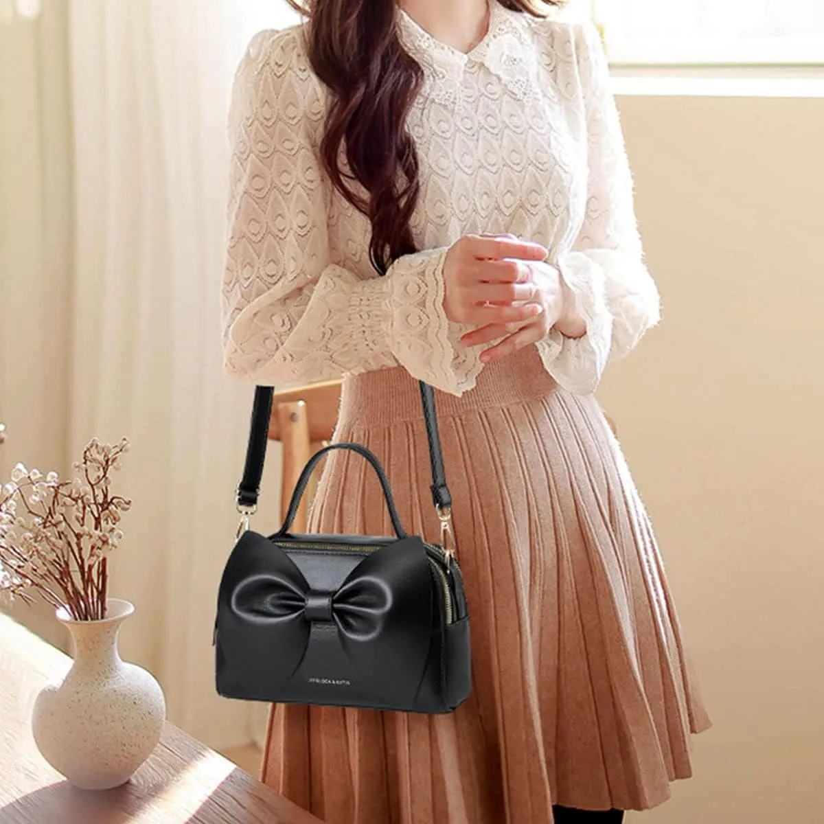 Shoulder Bag for Women PU Leather Purse Bowknot Handbag Fashion Top-Handle Satchel Ladies Crossbody