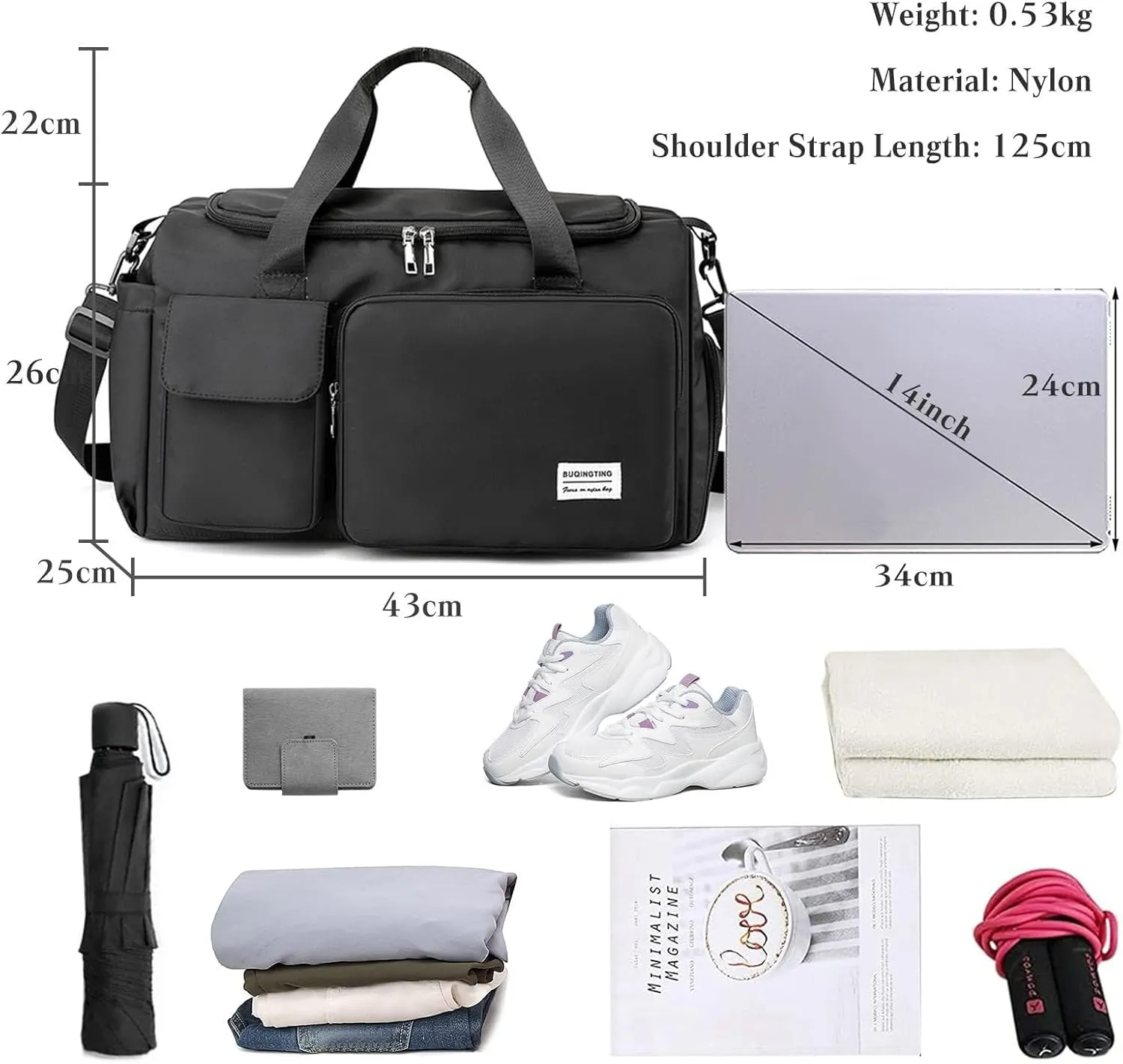 Shoulder Bag Women Men Foldable Weekender Overnight Carry-on Bags with Shoes Compartment Lightweight Sports Gym Tote