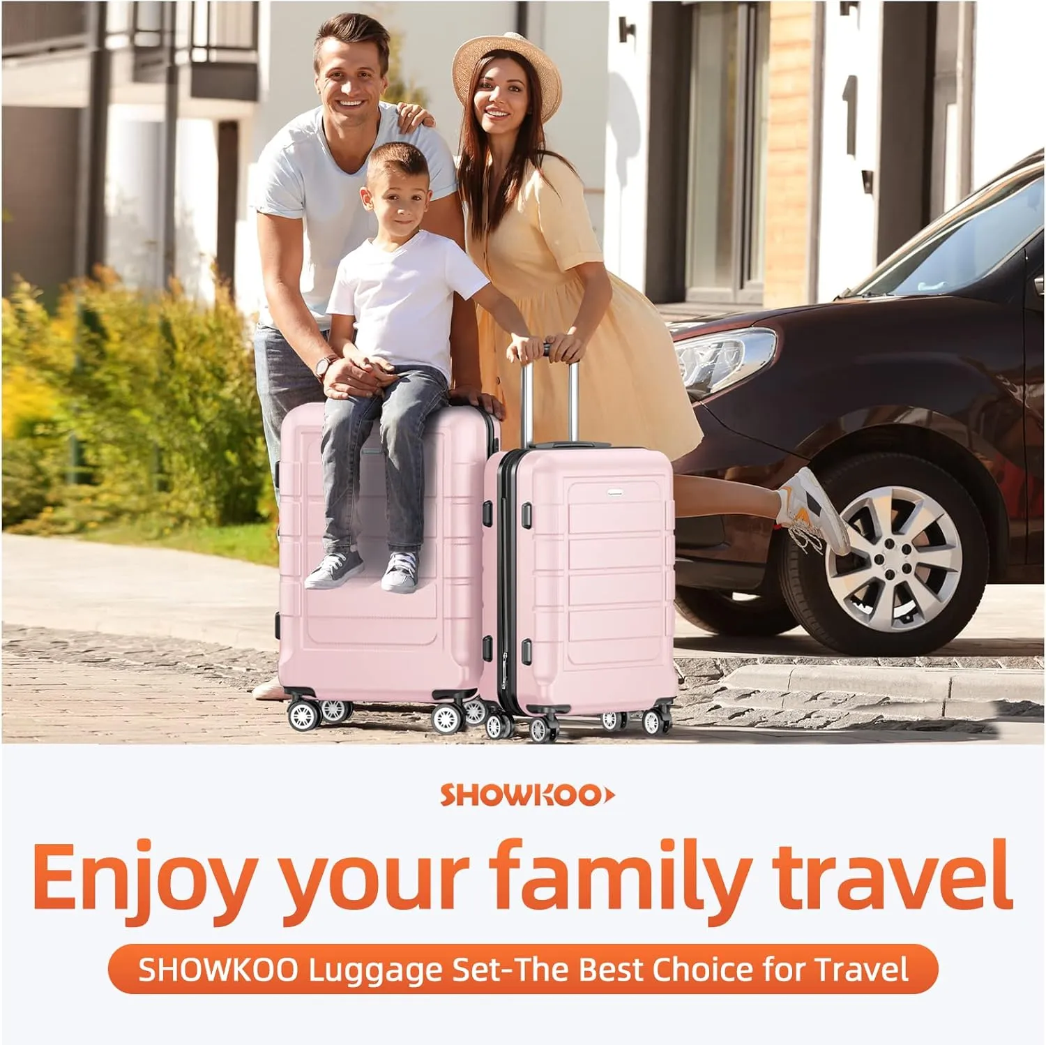 SHOWKOO Luggage Sets Expandable PC ABS Durable Suitcase Sets Double Wheels TSA Lock Pink 3pcs