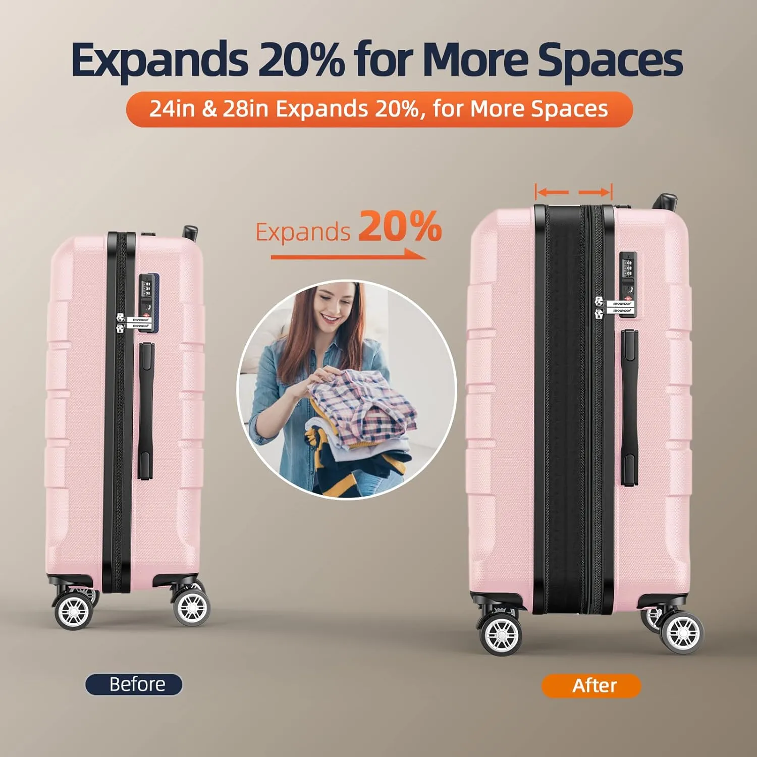 SHOWKOO Luggage Sets Expandable PC ABS Durable Suitcase Sets Double Wheels TSA Lock Pink 3pcs