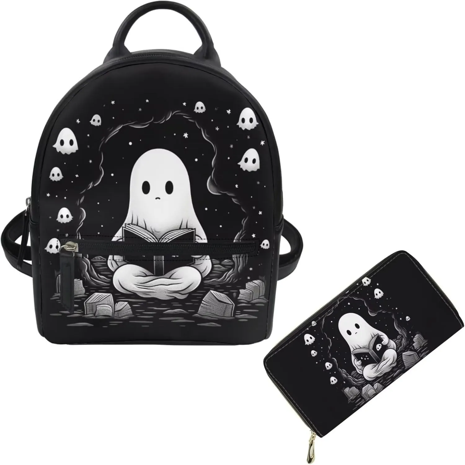 Showudesigns Cute Ghost Backpack Purse for Women Mini Backpacks Leather Shoulder Bags for Travel Work Handbag Waterproof Backpacks Purse and Wallet Set Small Pouch 2 Pack